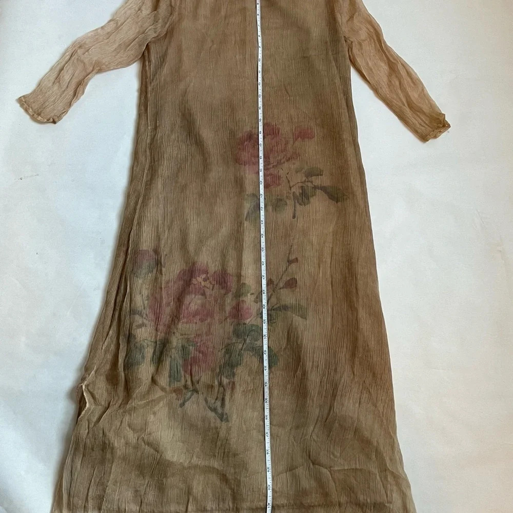 100% Silk Women's Beige Nude Sheer Crinkle Floral Print Midi Dress Size L NWT - Picture 6 of 12